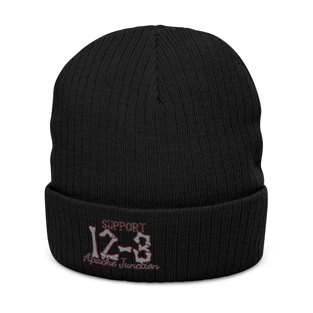 Embroidered Ribbed Beanie — '12-8' Pink Script Cuffed Knit Hat