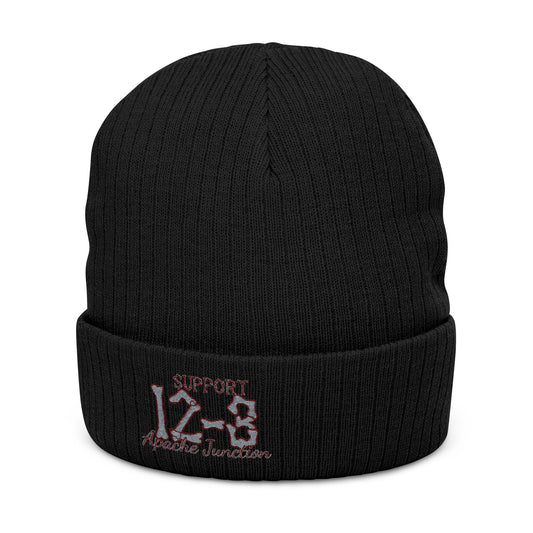 Embroidered Ribbed Beanie — '12-8' Pink Script Cuffed Knit Hat