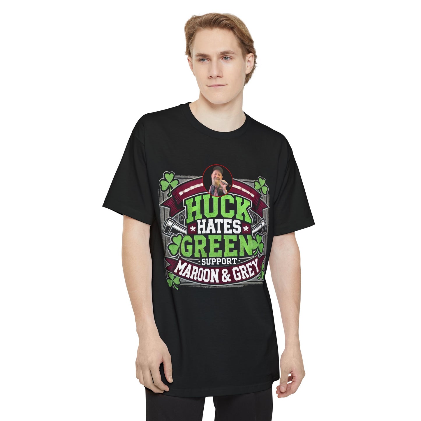 Huck Hates Green Support Maroon & Grey T-Shirt (Beefy Size)