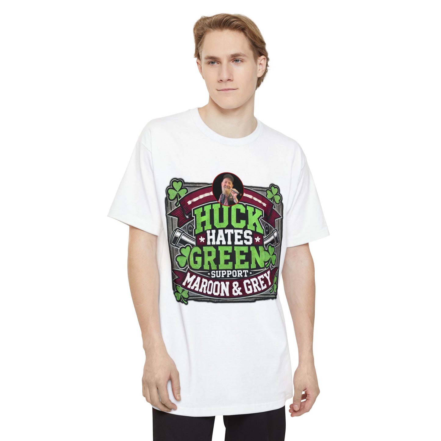 Huck Hates Green Support Maroon & Grey T-Shirt (Beefy Size)